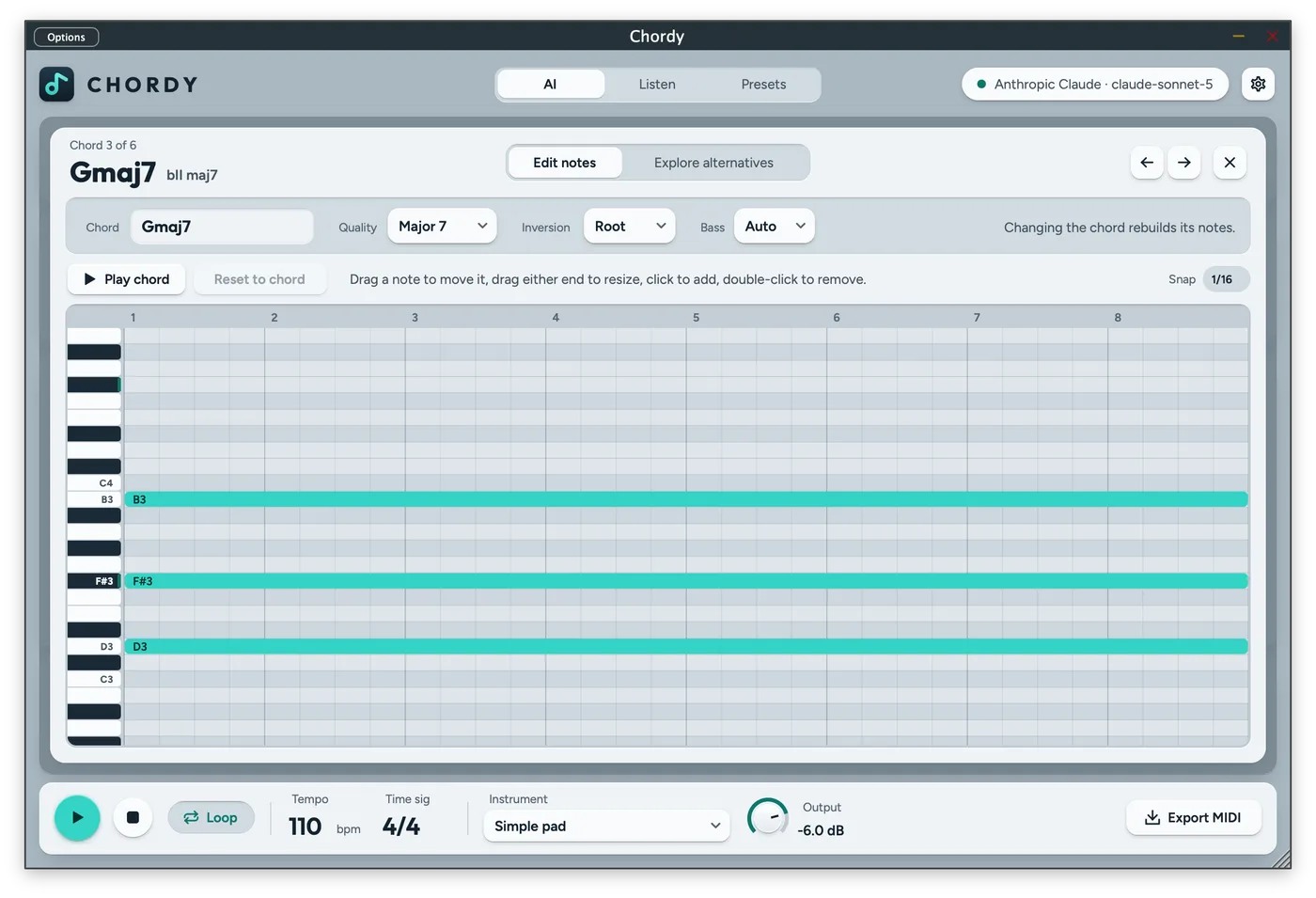 Chordy chord editor showing the notes of Gmaj7 in a piano roll.