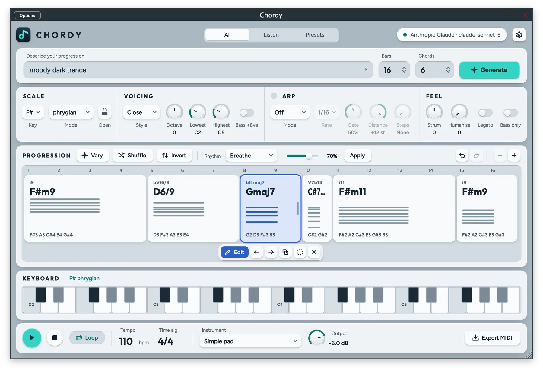 Chordy interface with the prompt 'moody dark trance', scale, voicing, arp and feel controls, a six-chord progression in F sharp phrygian and a keyboard.