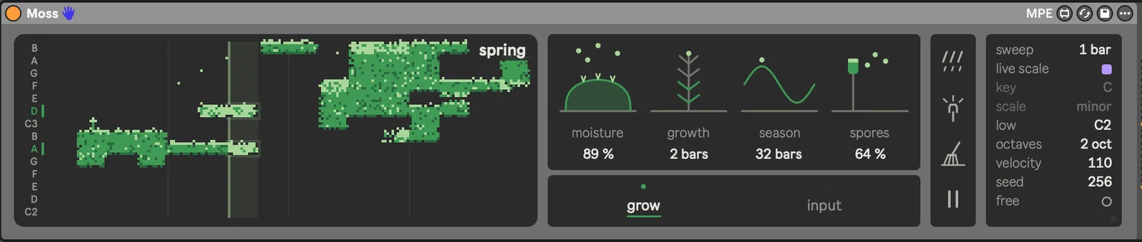 Moss device: green growth spreading across a note grid, with Moisture, Growth, Season and Spores controls.