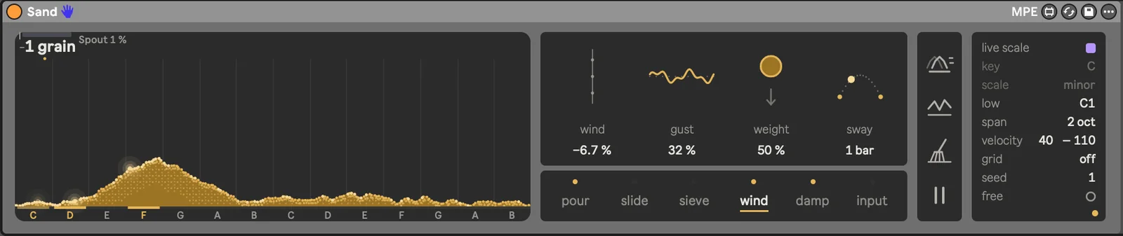 Sand device: a field of grains over a scale, with Wind, Gust, Weight and Sway controls.