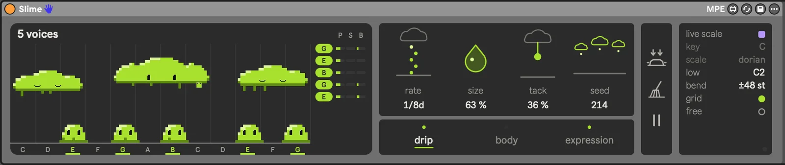 Slime device: small green creatures on a keyboard, with Rate, Size, Tack and Seed controls.