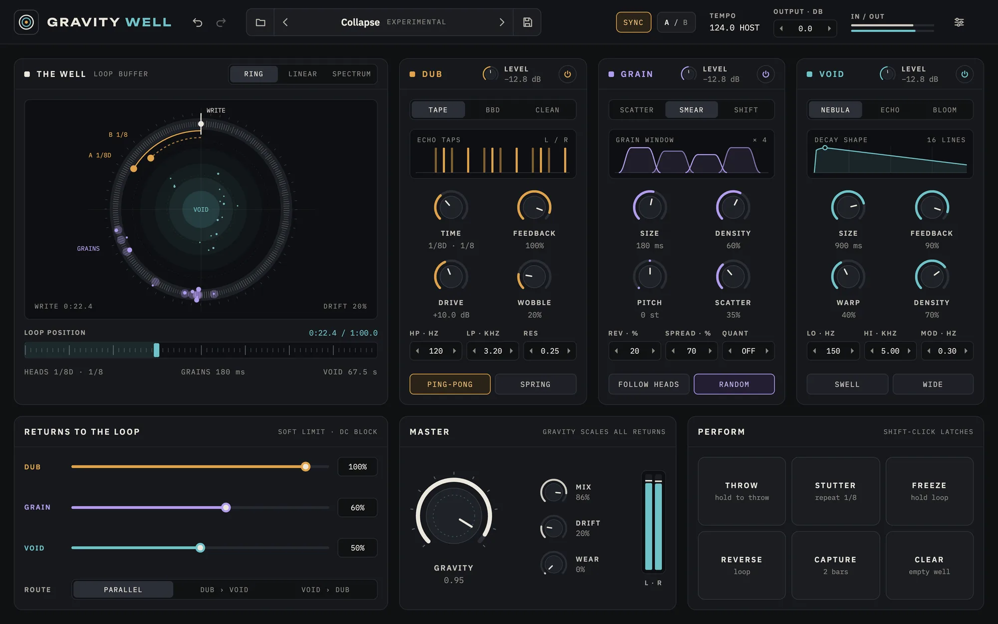 Gravity Well interface: a circular loop buffer on the left, Dub, Grain and Void panels across the top, and Returns, Master and Perform sections below.