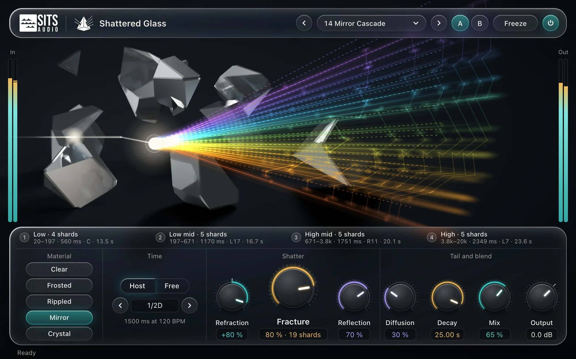 Shattered Glass interface with the preset Mirror Cascade: glass prisms with a beam of light fanning into coloured repeats, four numbered frequency regions, the Mirror material selected, and Refraction, Fracture, Reflection, Diffusion, Decay, Mix and Output dials.