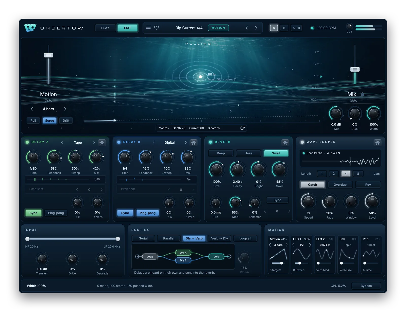 Undertow in Edit view with Delay A, Delay B, Reverb, Wave Looper, input, routing and motion sections.